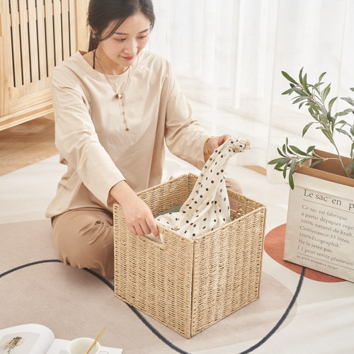 创意草藤编织收纳筐可折叠简约脏衣服收纳篮正方形玩具零食储物篮 - 图0