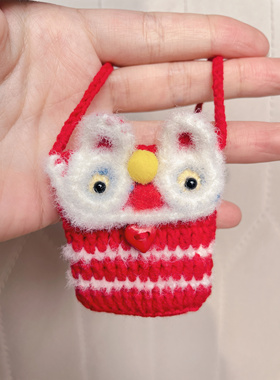【成品】手工毛线编织钩织新年醒狮宠物小狗小猫斜挎包红色