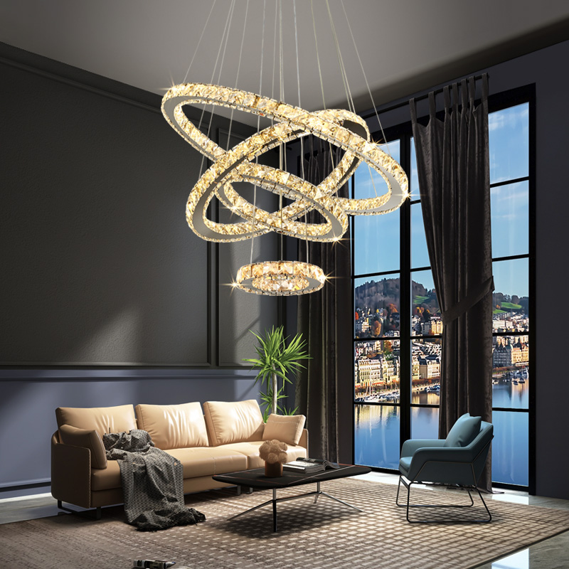 水晶客厅吊灯轻奢现代简约大气温馨圆环形复式楼梯主卧室餐厅灯具