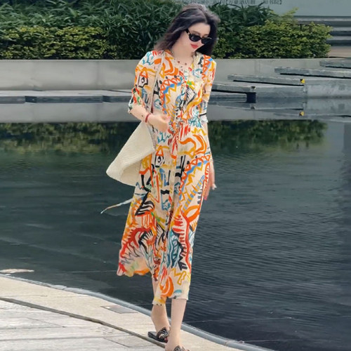 设计感时尚印花连衣裙女2026年夏季新款宽松减龄大码中袖显瘦长裙 - 图2