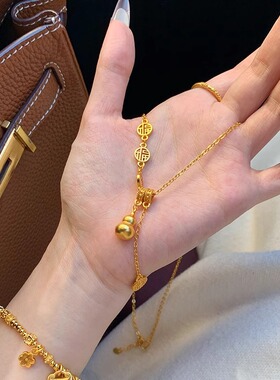 添福添禄~沙金福牌流苏葫芦吊坠项链女配饰小众气质毛衣链锁骨链