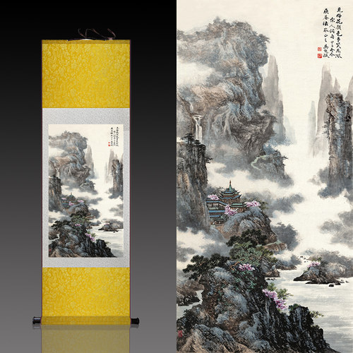 云山楼阁山水画国画宣纸丝绢画靠山图丝绸卷轴画仿古装饰画已装裱 - 图3