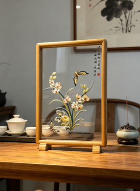 中式透明悬浮刺绣装饰画成品