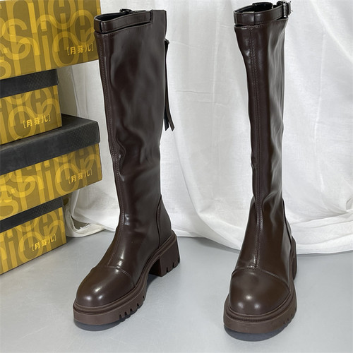 专柜正品月牙儿真皮长靴2025秋冬高筒骑士靴厚底女靴后拉链瘦瘦靴 - 图1