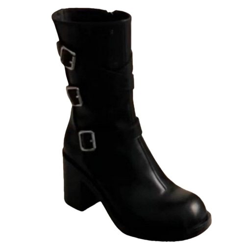 朋克黑色小个子高跟靴粗跟短靴女2025新款秋冬靴子显瘦中筒骑士靴 - 图2