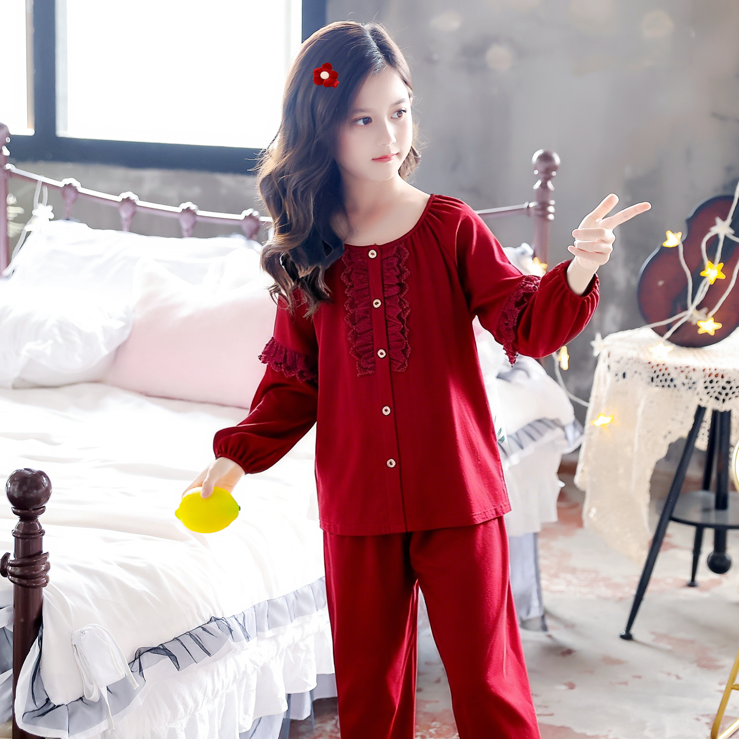 2026年新款红色睡衣女童纯棉长袖甜美蕾丝本命年套装家居服可外穿,淘宝优惠券,粉丝福利购,淘宝优惠卷