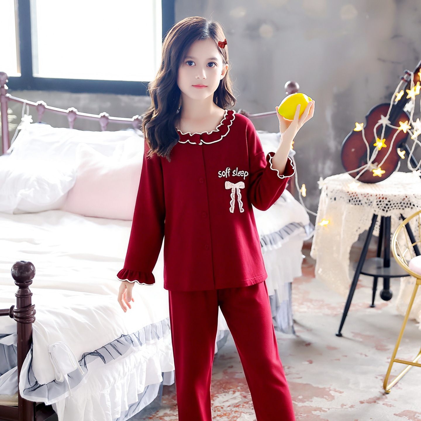 新中式女童纯棉长袖睡衣母女亲子装红色本命年春秋季家居服可外穿,淘宝优惠券,粉丝福利购,淘宝优惠卷