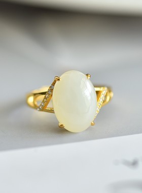天然玉石s925银镶和田玉白玉蛋面戒指银镀金镶嵌锆石10*14女礼物