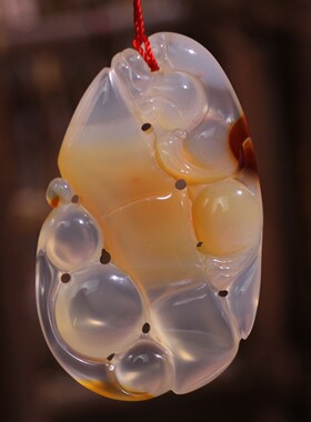 源饰界-天然冰彩玉髓俏色巧雕貔貅竹节如意吉祥挂件大号玉石吊坠