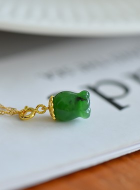 天然玉石s925银镀金镶和田玉白玉碧玉玲兰花吊坠锁骨项链女生礼物