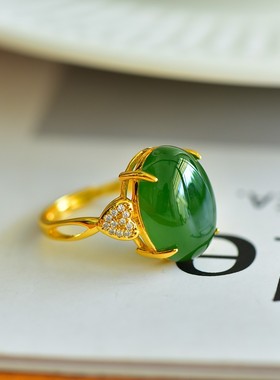 天然玉石925银镀金2色选镶和田玉碧玉12*16蛋面戒指女款指环活口
