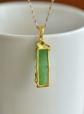 天然玉石s925银镶和田玉碧玉竹节吊坠银镀金精美女款锁骨项链礼物