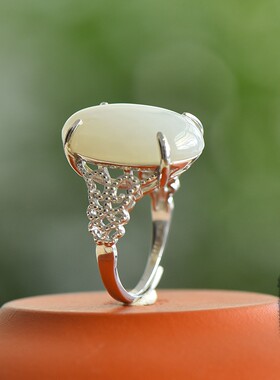 天然玉石s925银镶和田玉白玉蛋面戒指活口可调15*20大气女款指环