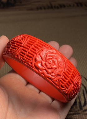 朱砂手镯女款红砂镯子宽条花开富贵双喜婚礼喜庆模压宽镯58-61圈