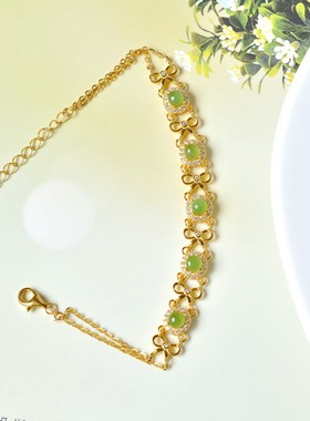 天然玉石s925银镶和田玉碧玉手链黄金饰品甜蜜浪漫顺遂蝴蝶结女款