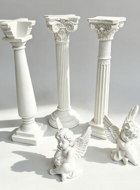 白色古典柱头与天使摆件套装罗马建筑模型立柱展示台婚礼道具拍照