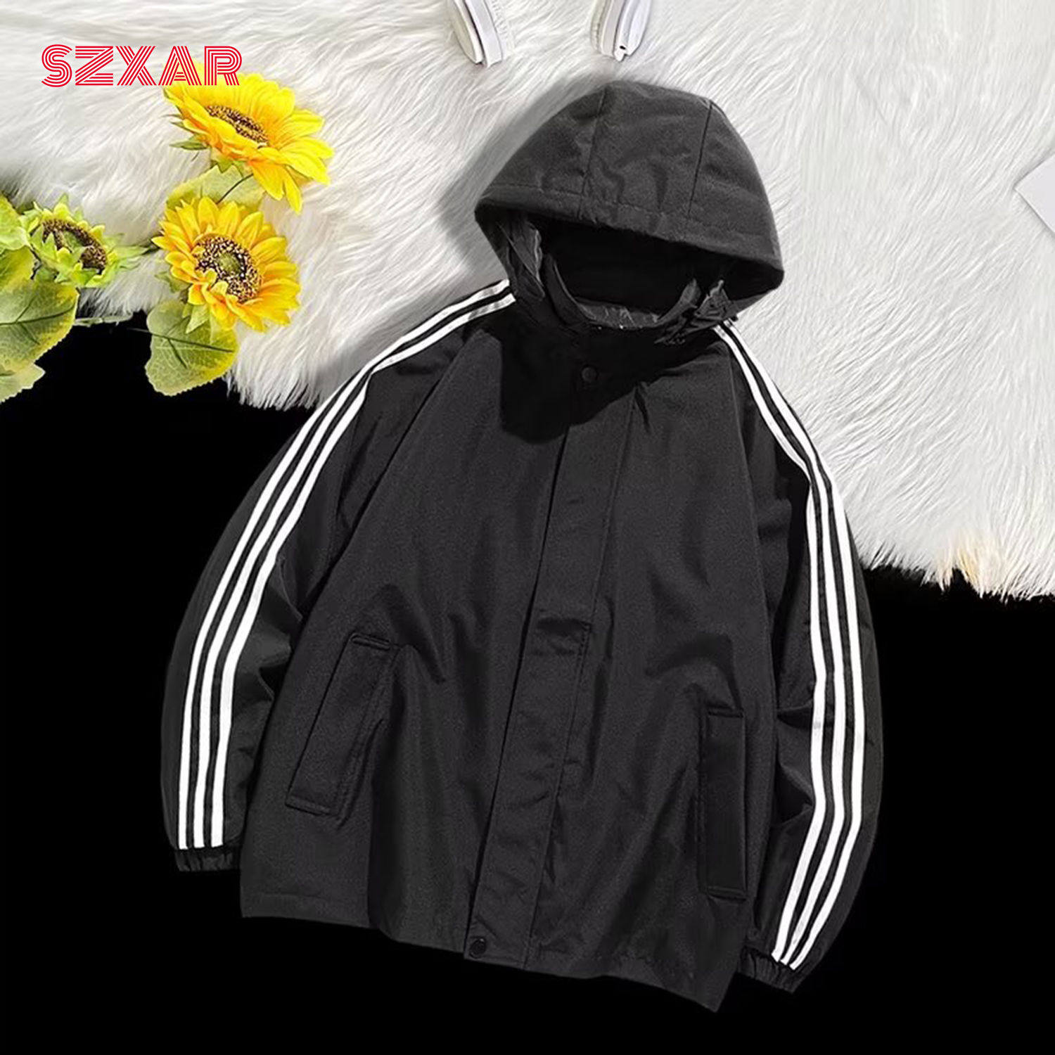 春秋新款男士条纹夹克外套爆款休闲连帽工装时尚百搭冲锋衣户外服