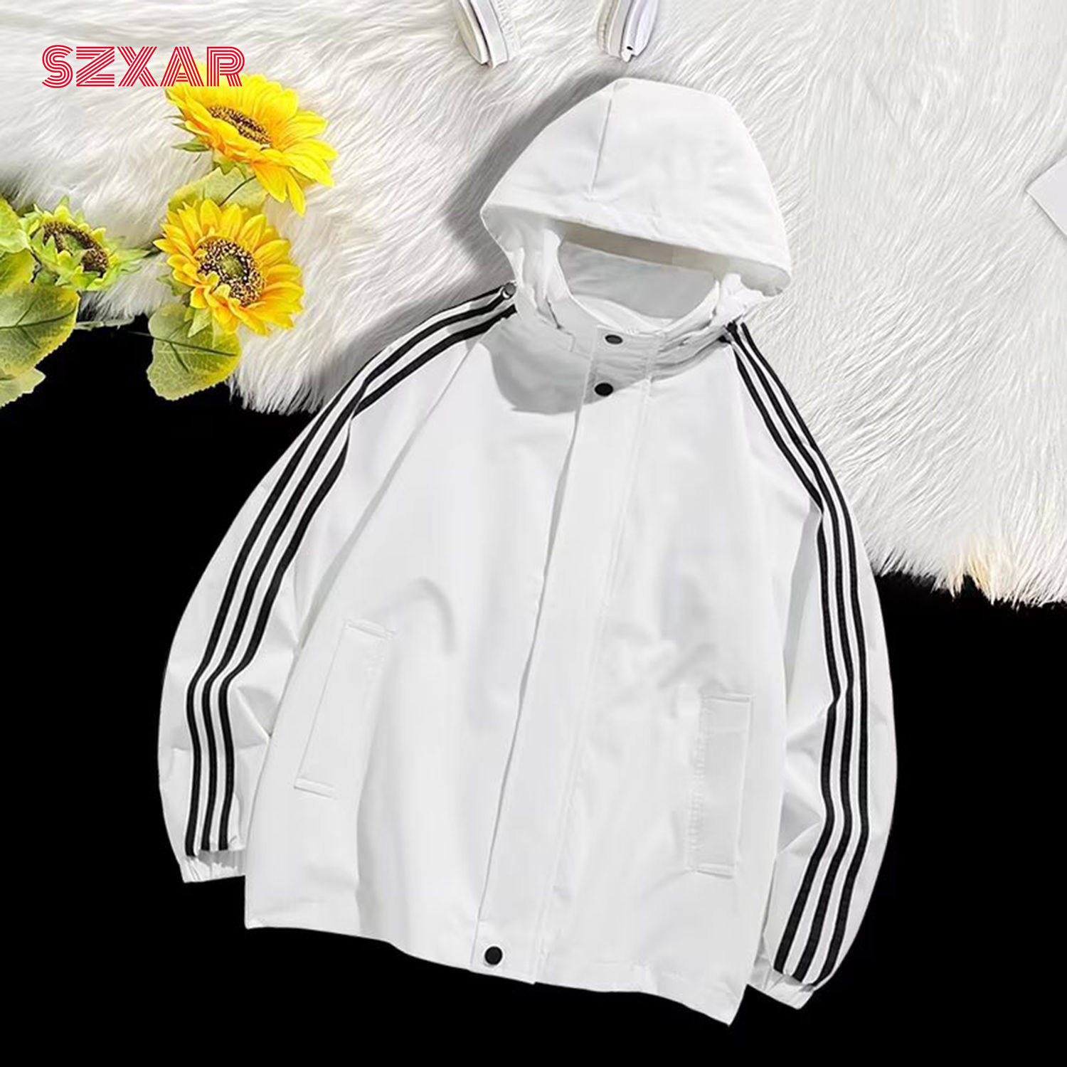 春秋新款男士条纹夹克外套爆款休闲连帽工装时尚百搭冲锋衣户外服