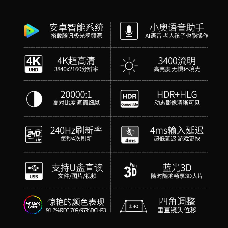 奥图码UHD518投影仪 家用超高清4K智能影院 投影机智能无线wifi