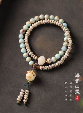 国潮新中式清新素雅双圈mini星月菩提拼寿山石猫爪手链原创手作