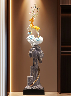 新中式家居竖高招财鹿装饰摆件