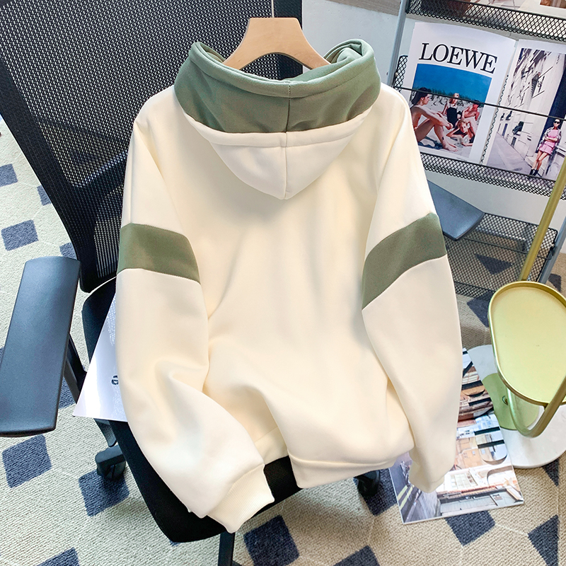 大码爱心字母印花连帽卫衣女小众百搭撞色拼接上衣减龄加绒连帽衫 - 图2