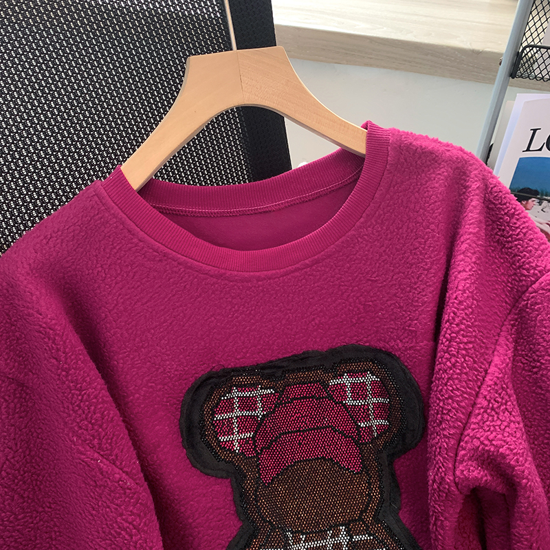 捡漏玫红色羊羔毛卫衣女装新款冬装宽松气质减龄加厚保暖百搭外套 - 图1