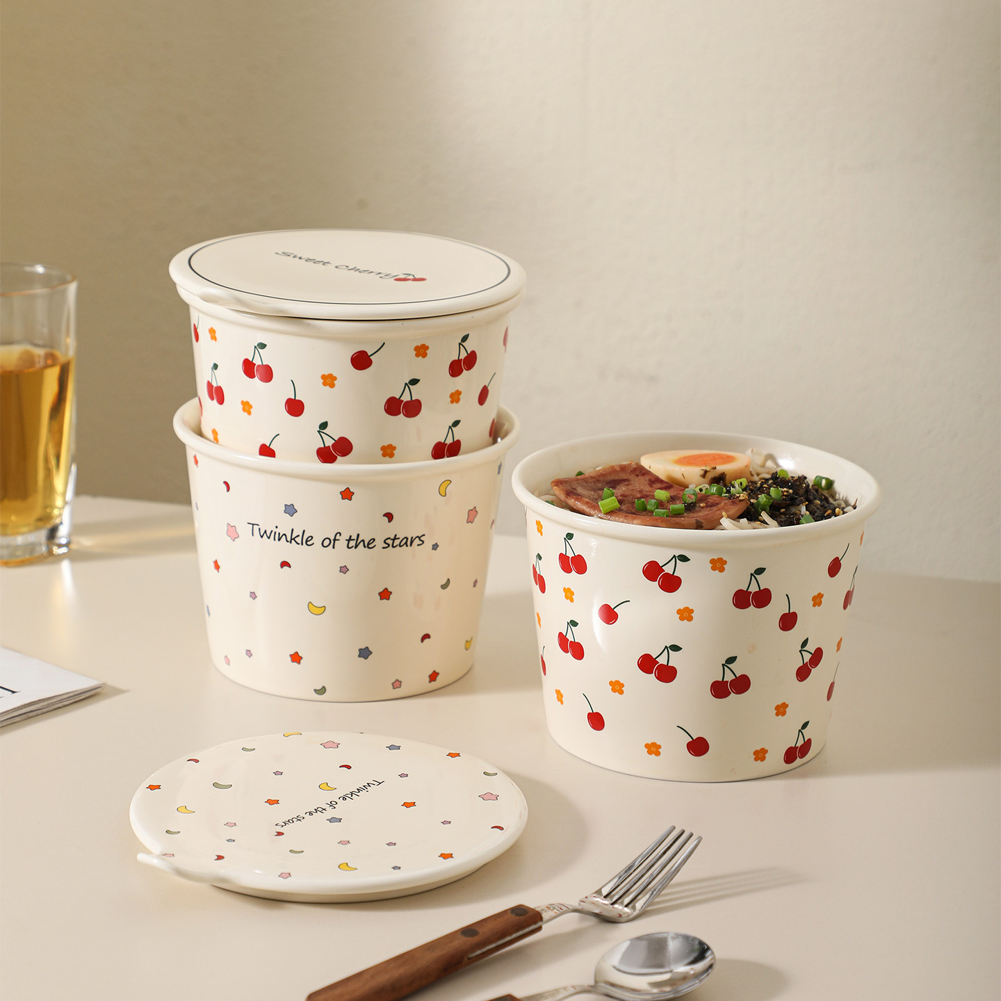 露思同款星星陶瓷泡面碗带盖学生一人食家用高颜值餐具大容量面杯,淘宝优惠券,粉丝福利购,淘宝优惠卷