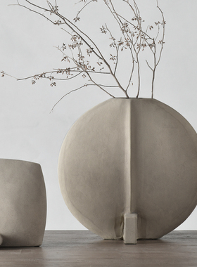 厂北欧日式侘寂陶器玄关台面艺术装饰干枝花器落地圆形摆件