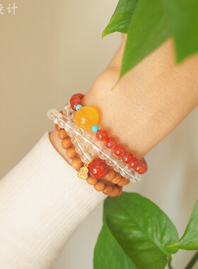 【初心】青绿原创手链纯银福字南红项链两戴款女小众水晶木质手串