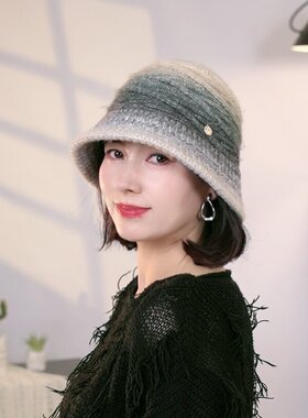 新款日系混色渐变针织渔夫帽女秋冬季保暖显脸小洋气百搭毛线盆帽