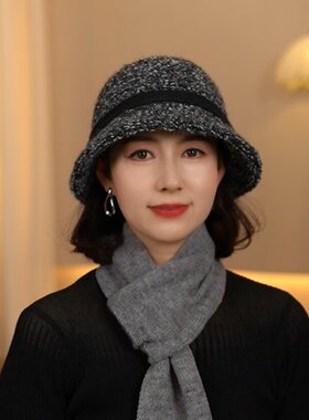 秋冬季新款复古保暖显脸小针织水桶帽韩系简约金属标百搭渔夫帽女