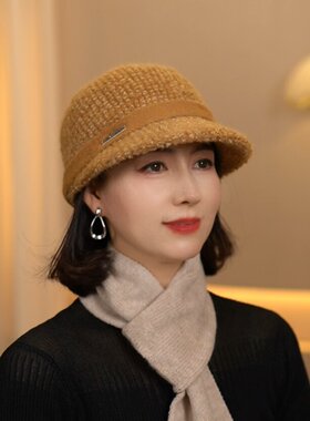秋冬季新款混色针织保暖复古马术帽时尚短檐百搭显脸小鸭舌帽女