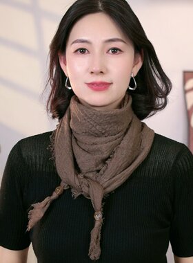 秋冬新款纯色百搭护颈披肩珠珠吊坠装饰复古褶皱文艺毛边流苏围巾