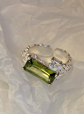 韩版S925镀银个性闪亮方形戒指女矩形时尚几何不规则开口指环食指