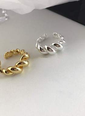 韩版S925银个性牛角包戒指女复古时尚可颂开口指环麻花嘻哈食指戒