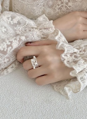 甜酷多层线条缠绕珍珠戒指女优雅时尚个性气质S925镀银开口食指环