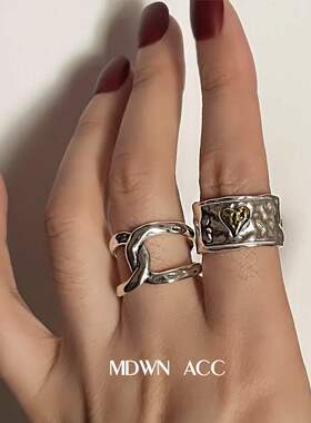 复古做旧锤纹拼色爱心交叉戒指女时尚个性气质S925银开口食指环潮