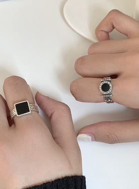 日韩复古黑色几何戒指女925镀银罗马数字多层个性嘻哈开口食指环