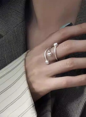 几何线条圆球戒指女交错不规则S925镀银开口指环个性嘻哈食指戒潮
