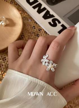 编织花朵珍珠戒指女甜酷时尚个性气质优雅S925银开口指环食指戒潮