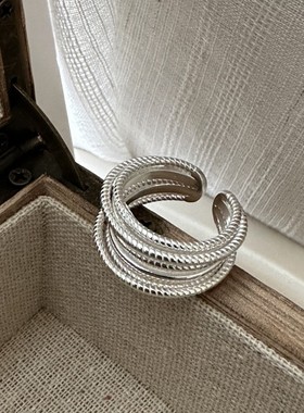 简约冷淡风线条戒指女不规则时尚个性百搭宽边S925镀银开口食指环