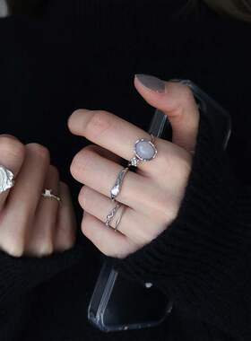 欧美S925银夸张戒指女复古异形不规则几何水晶开口指环个性食指戒