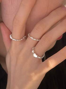 简约抽拉珍珠戒指女碎银个性叠戴爱心S925银可调节指环网红食指戒