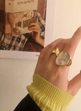 韩版S925银戒指女复古欧美ins夸张设计梯形贝壳开口指环食指戒潮