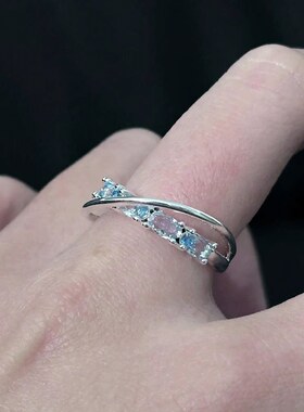 轻奢精致蓝色花环戒指女几何线条交叉开口指环ins风小众食指戒潮