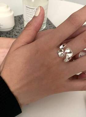 韩版S925银个性几何扭曲戒指女复古时尚创意荷叶开口指环食指戒潮