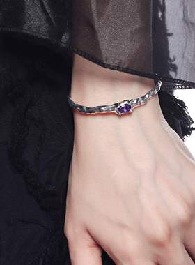 几何不规则紫色锆石手镯女复古重工S925银时尚手环气质简约手饰潮