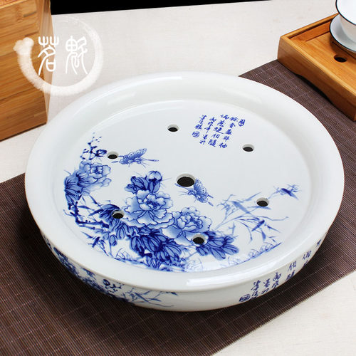 陶瓷茶盘茶船茶海大号12寸圆形茶台青花瓷功夫茶具白瓷茶盘储水盘 - 图2