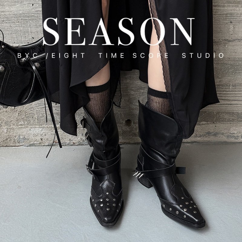 2025新款褶皱西部牛仔靴女尖头V口显瘦粗跟短靴铆钉马丁靴骑士靴,淘宝优惠券,粉丝福利购,淘宝优惠卷